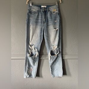 Vervet Embroidered Distressed Straight Leg Ankle Jeans Blue Size 26